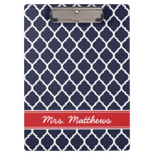Navy und Red Quatrefoil Custom Monogram Klemmbrett