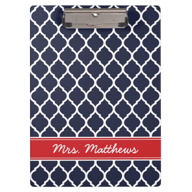 Navy und Red Quatrefoil Custom Monogram Klemmbrett (Vorderseite)