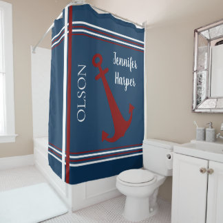 Navy und Red Stripes Anker Custom Duschvorhang