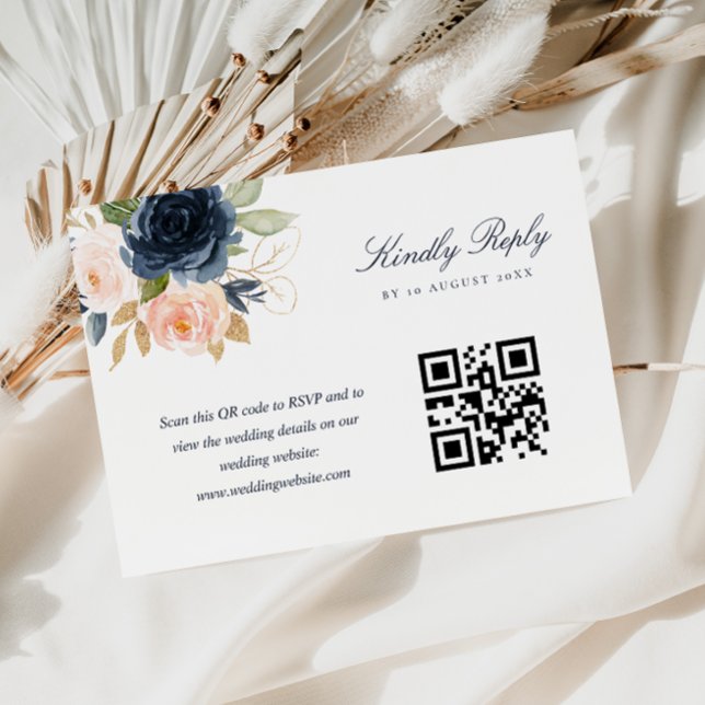 Navy und Rosa Blume QR-Code RSVP-Karte RSVP Karte (Von Creator hochgeladen)