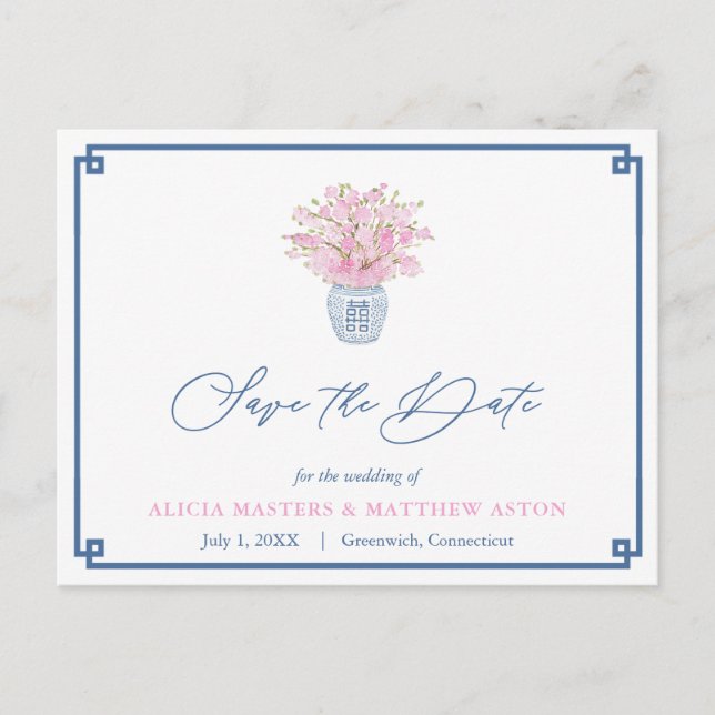 Navy und rosa Chinoiserie Hochzeit speichern das D Postkarte (Vorderseite)
