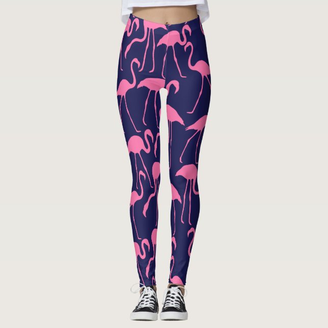 Navy und rosa Flamingo Muster Leggings (Vorderseite)
