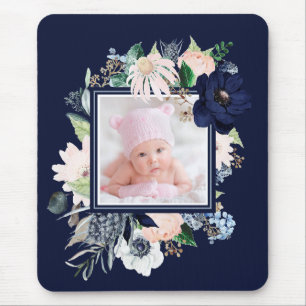 Navy und rosa Floral mit Foto   Dunkelblau Mousepad