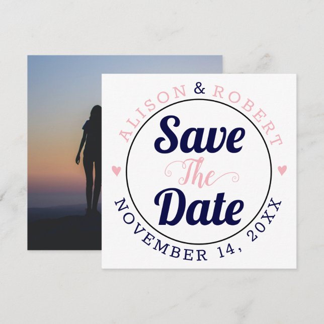 Navy und rosa Typografie-Foto auf der Rückseite Save The Date (Vorne/Hinten)