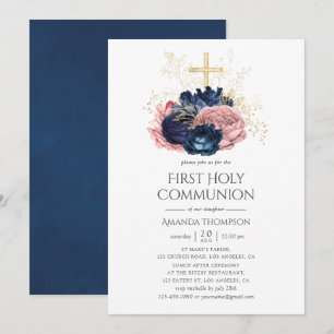 Navy und Rosa Vintage Rose Heilige Kommune Einladung