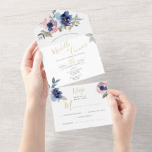 Navy- und Rosé-Blumen-Hochzeitseinladung