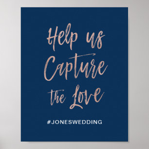 Navy- und Roségold Glam Chic Hochzeit Hashtag-Schi Poster