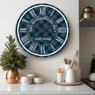 Navy- und Schwarz-Buffalo-Karo-rustikale römische  Große Wanduhr