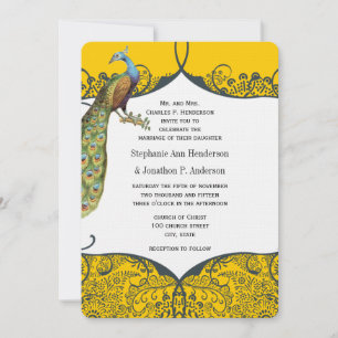 Navy- und Senf-Pfauen-Liebesvogel-Muster-Hochzeit Einladung