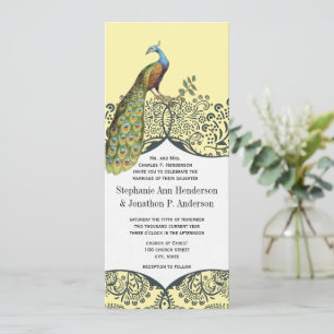 Navy- und Senf-Pfauen-Liebesvogel-Muster-Hochzeit Einladung
