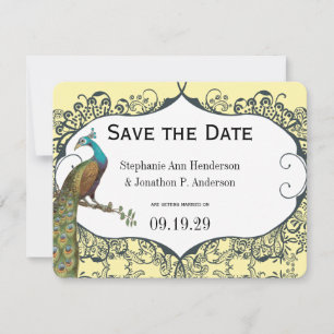 Navy und Senfgelb Pfauen Liebesvögel Save-the-Date Einladung