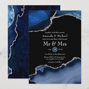 Navy- und Silber-Achat-Hochzeit Einladung