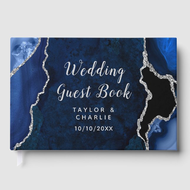 Navy und Silber Achat-Marmor-Hochzeit Gästebuch (Vorderseite)