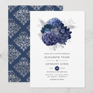 Navy- und Silber-Blumenhochzeit Einladung