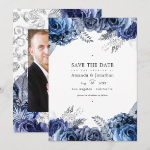 Navy und Silber Faux-Folie Blumen Hochzeitsfoto Save The Date