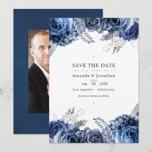 Navy- und Silber-Faux-Folie-Blumen-Hochzeitsfoto Save The Date