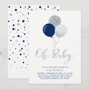Navy- und Silberballons Oh Baby Boy Baby Shower Einladung
