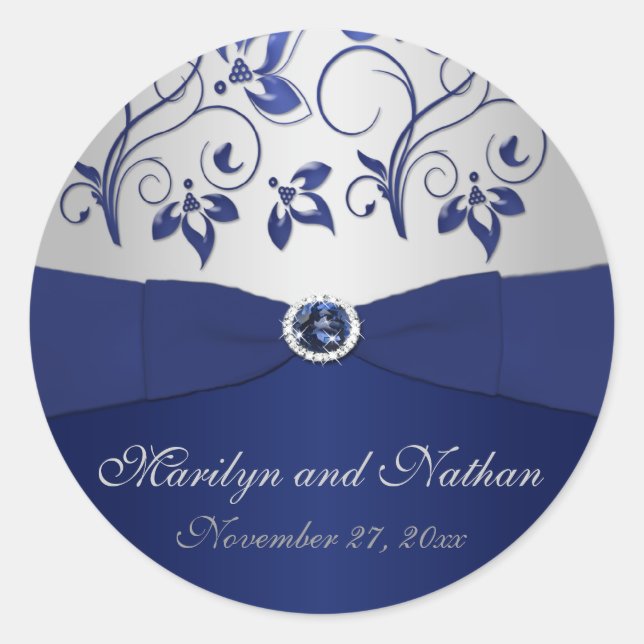 Navy und Silver Floral 1,5" Round Aufkleber (Vorderseite)