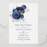 Navy und Silver Floral Bat Mitzvah Foto Foil Invi Folieneinladung<br><div class="desc">Coole Aquarellwäsche Bat Mitzvah Einladung in Akzenten von marineblau,  silber und gold angepasst an Ihre Eventspezifikationen.</div>