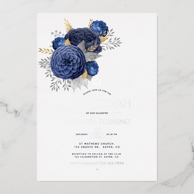 Navy und Silver Floral Bat Mitzvah Foto Foil Invi Folieneinladung (Vorderseite)