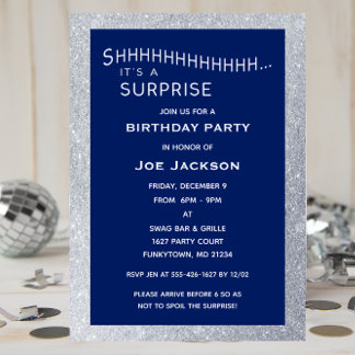 Navy und Silver Glitzer Überraschung Party Geburts Einladung
