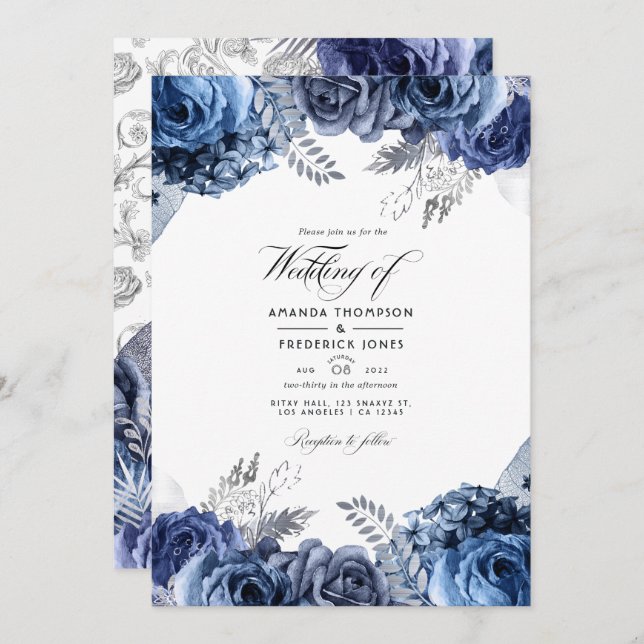 Navy und Silver Imitats Foil Floral Wedding Foto Einladung (Vorne/Hinten)