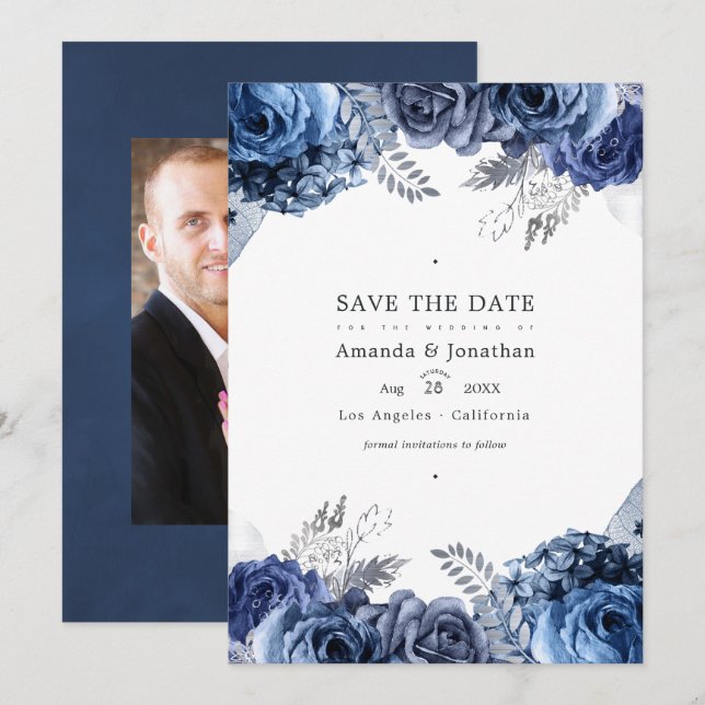Navy und Silver Imitats Foil Floral Wedding Foto Save The Date (Vorne/Hinten)