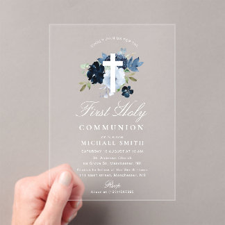 Navy- und staubblaues florales Erstkommunion-Outfi Acryleinladungen