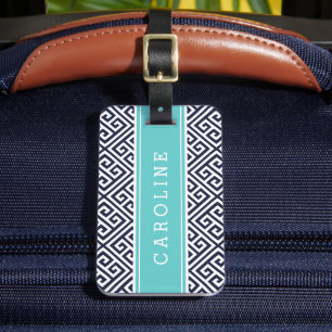 Navy und Türkisgriechisches Schlüsselmonogramm Gepäckanhänger