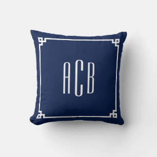 Navy- und Weiß-Dreistab-Monogramm Griechischer Sch Kissen