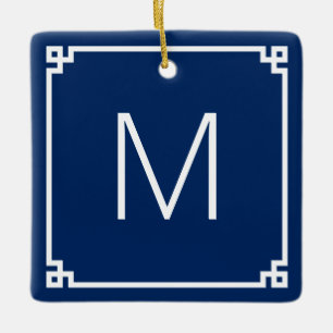 Navy- und Weiß Griechische Schlüsselrand-Monogramm Keramikornament