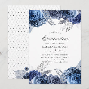 Navy und Weiß mit silberner Folien-Blumen-Quinceañ Einladung