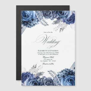 Navy und Weiß mit silberner Folien-Blumenhochzeit Magneteinladung
