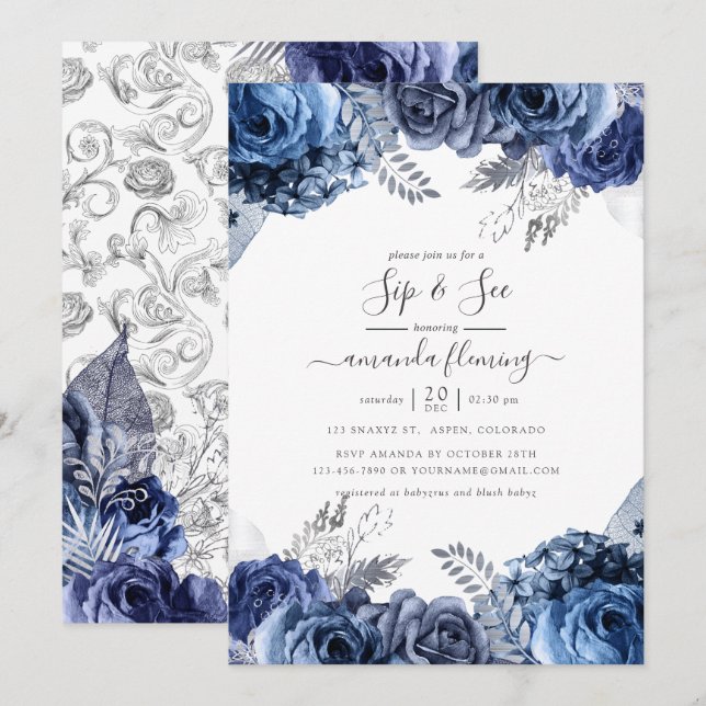 Navy und Weiß mit Silver Foil Floral Sip und See Einladung (Vorne/Hinten)