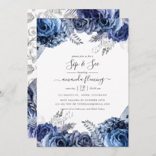 Navy und Weiß mit Silver Foil Floral Sip und See Einladung