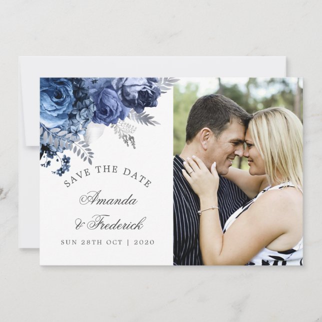 Navy und Weiß mit Silver Wedding Save the Date (Vorderseite)