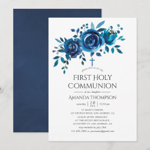 Navy und weiße Blumen-Erstkommunion Einladung