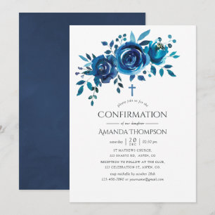 Navy- und weiße floral Konfirmation Einladung