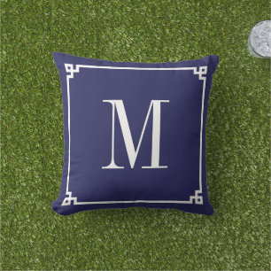 Navy und weiße griechische Schlüsselrand-Monogramm Kissen