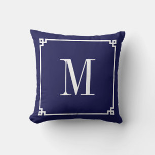 Navy und weiße griechische Schlüsselrand-Monogramm Kissen