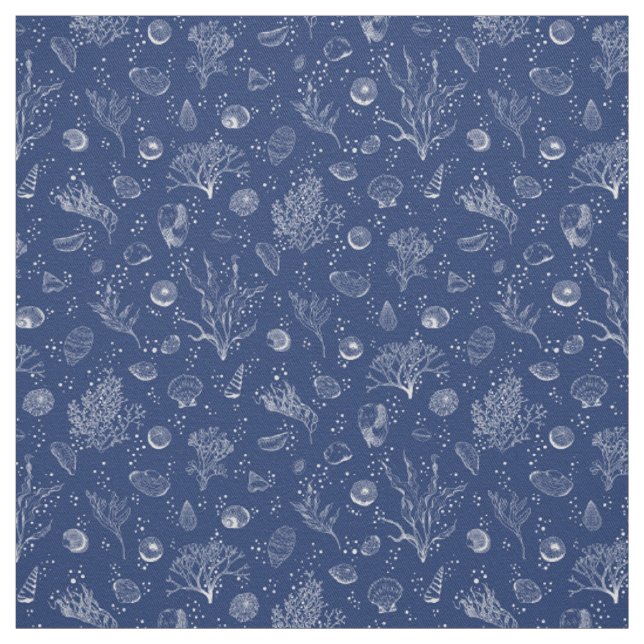 Navy- und Weißgewebe mit Muscheln und Algen Stoff (Muster)