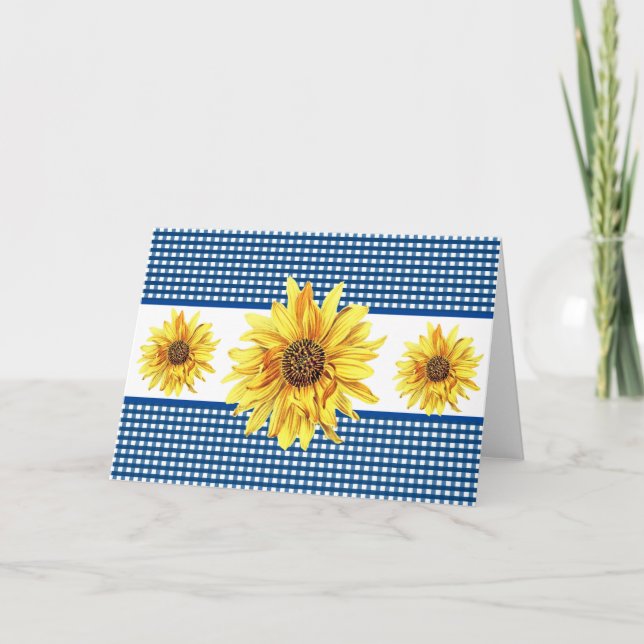 Navy und White Gingham Sonnenblume Blank Inside Karte (Vorderseite)