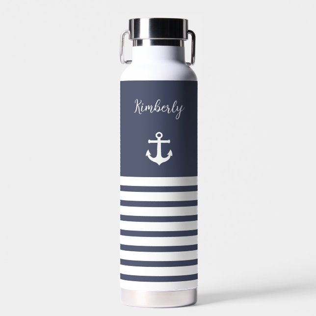 Navy und White Stripes Personalisiert Trinkflasche (Vorne)