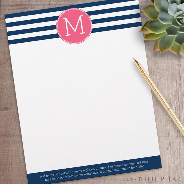 Navy und White Striping Muster Hot Pink Monogram Briefbogen (Personalized Letterhead )
