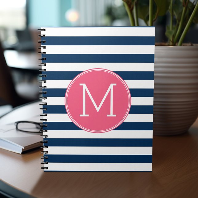 Navy und White Striping Muster Hot Pink Monogram Notizblock (Personalized notebook with custom text - add your name and other options)