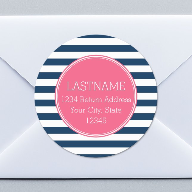 Navy und White Striping Muster Hot Pink Monogram Runder Aufkleber (Custom Return Address Sticker)