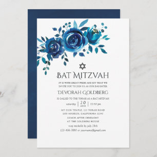 Navy und White Watercolor Floral Bat Mitzvah Einladung