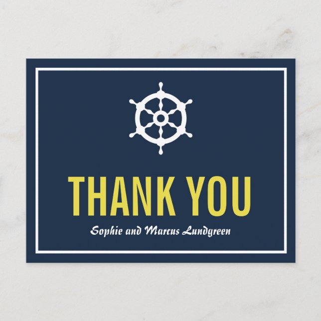 Navy und Yellow Nautical Helm Danke Postcard Postkarte (Vorderseite)