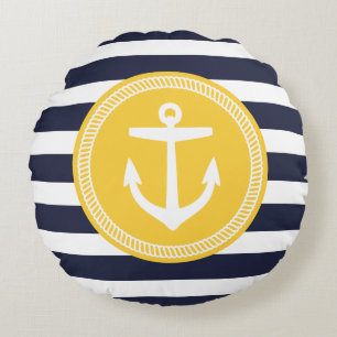 Navy und Yellow Preppy Nautical Stripes und Anker Rundes Kissen