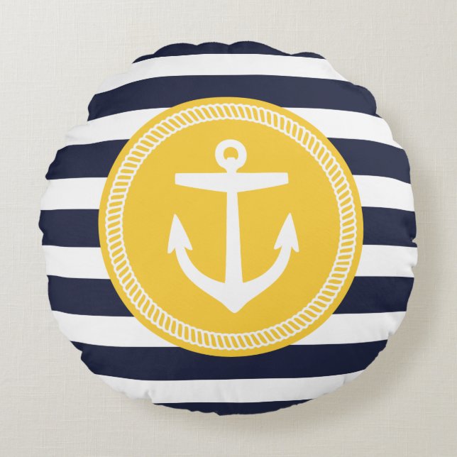 Navy und Yellow Preppy Nautical Stripes und Anker Rundes Kissen (Vorderseite)